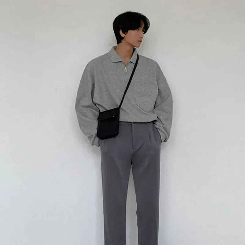 xiangtuibao  -  Lapel Men's Oversized Sweatshirt Long Sleeve Loose Single Pockets Design Pullover Tops Korean Chic Clothing Thick 2D1250