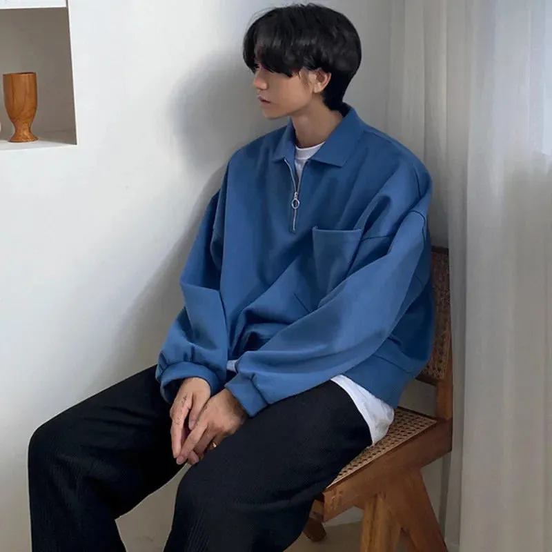 xiangtuibao  -  Lapel Men's Oversized Sweatshirt Long Sleeve Loose Single Pockets Design Pullover Tops Korean Chic Clothing Thick 2D1250