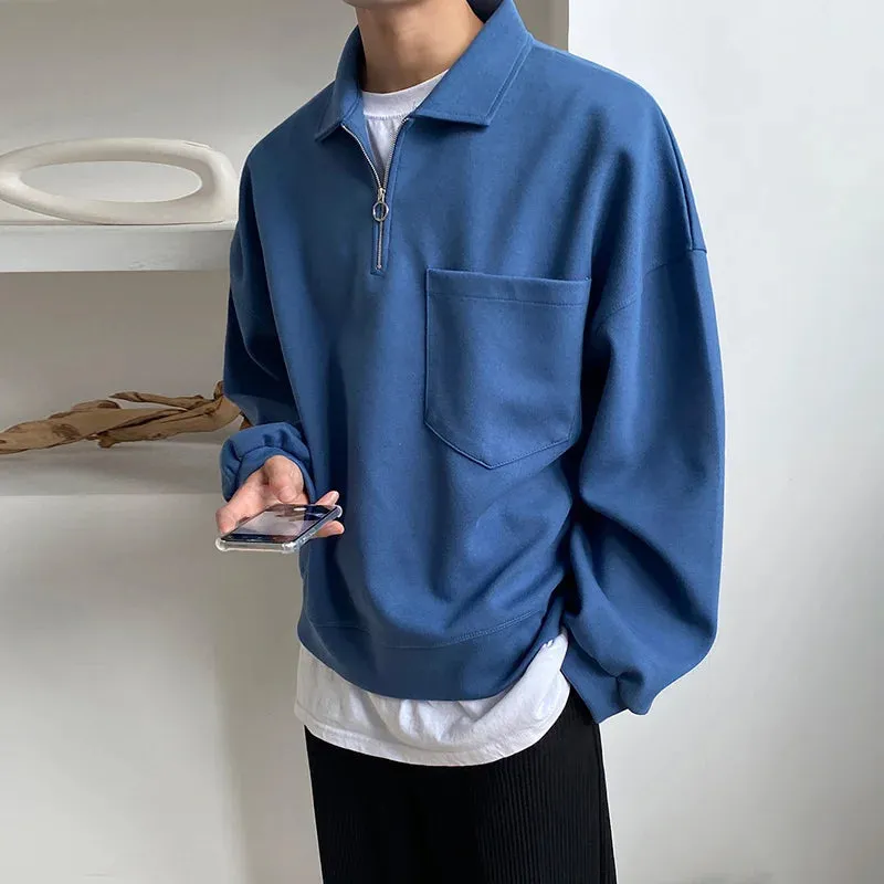 xiangtuibao  -  Lapel Men's Oversized Sweatshirt Long Sleeve Loose Single Pockets Design Pullover Tops Korean Chic Clothing Thick 2D1250