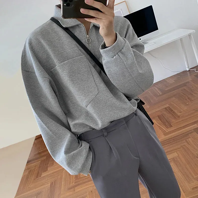 xiangtuibao  -  Lapel Men's Oversized Sweatshirt Long Sleeve Loose Single Pockets Design Pullover Tops Korean Chic Clothing Thick 2D1250