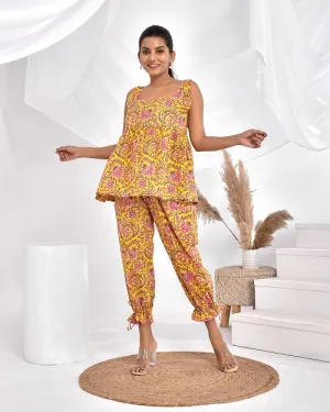 Yellow Pink Floral Cotton Loungewear Coord Set