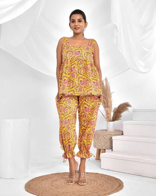 Yellow Pink Floral Cotton Loungewear Coord Set