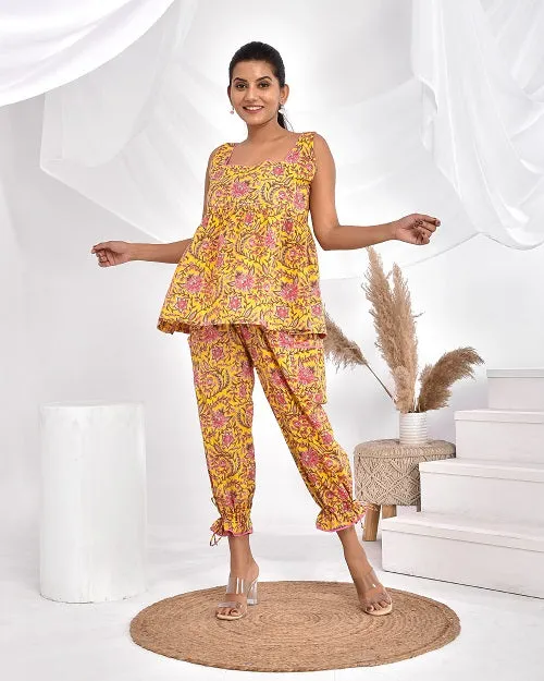 Yellow Pink Floral Cotton Loungewear Coord Set