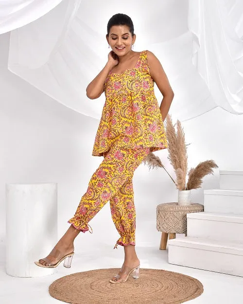 Yellow Pink Floral Cotton Loungewear Coord Set