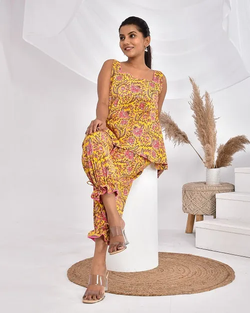 Yellow Pink Floral Cotton Loungewear Coord Set